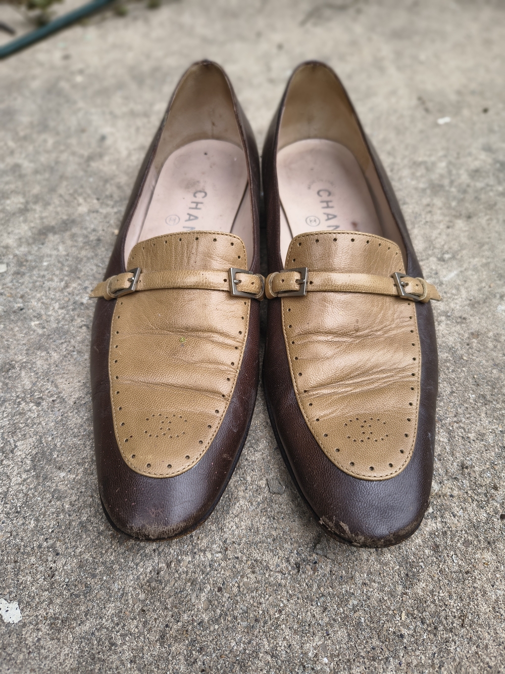 CHANEL Two-Tone Brown & Tan Leather Loafers